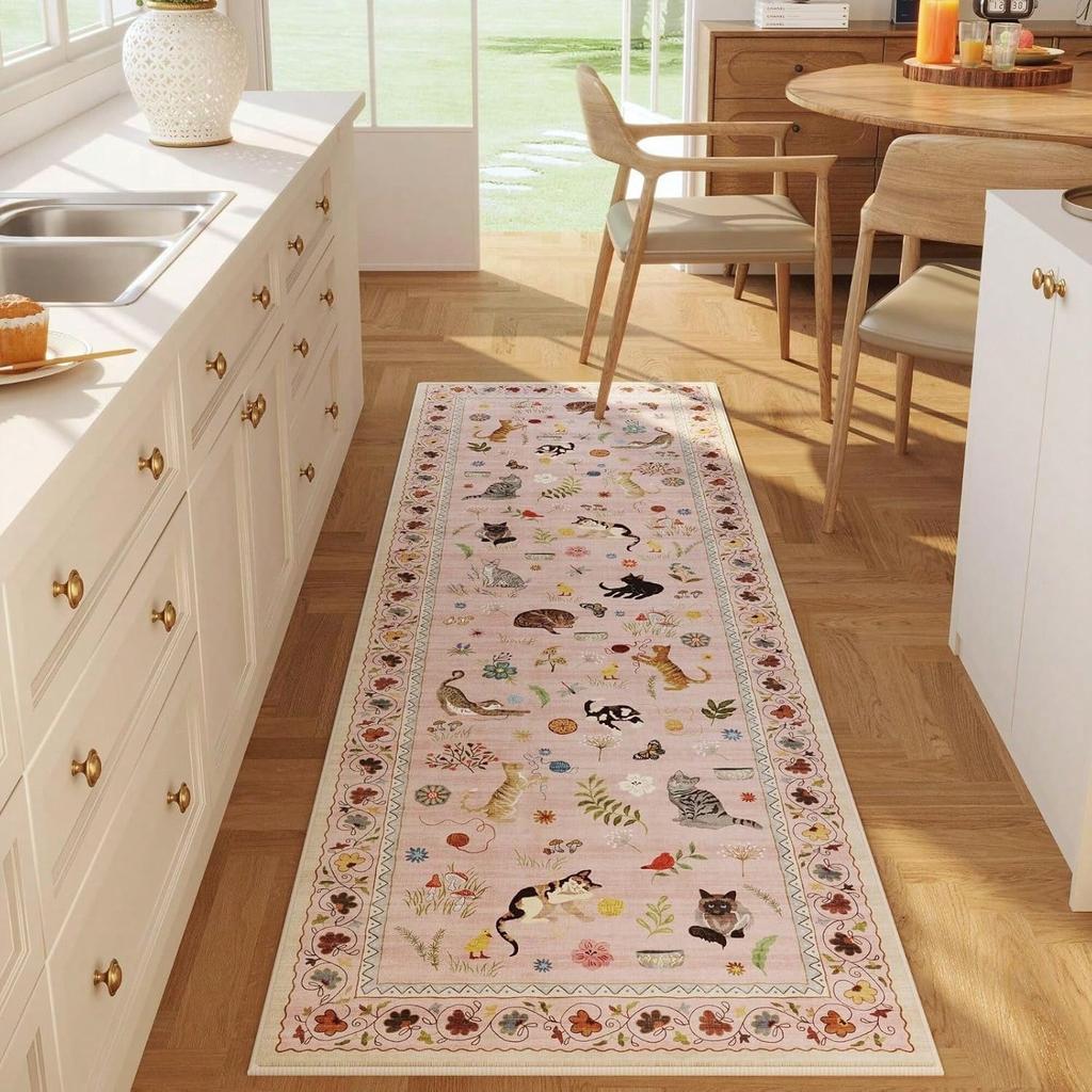 Cartoon Cat Pattern Carpet Mat Rug Colorful Home Decoration for Kitchen Living Room Floor Decor with Flower Butterfly Design