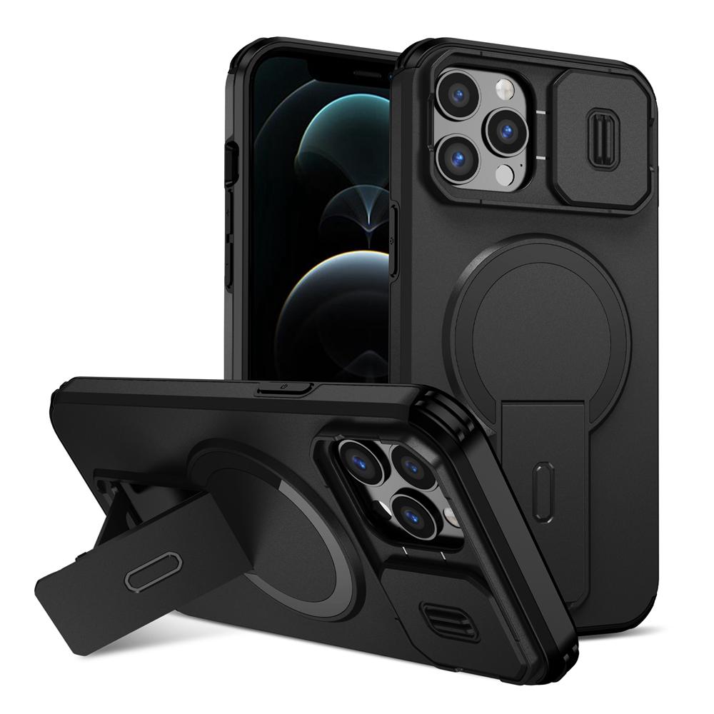 KEYSION Shockproof Magnetic Case for iPhone 11 12 Pro Max Slide Camera Lens Protect Kickstand Wireless Charging Phone Back Cover