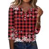 Women's Christmas Print V-Neck Three-Quarter Sleeve T-Shirt with Button Casual Holiday Top