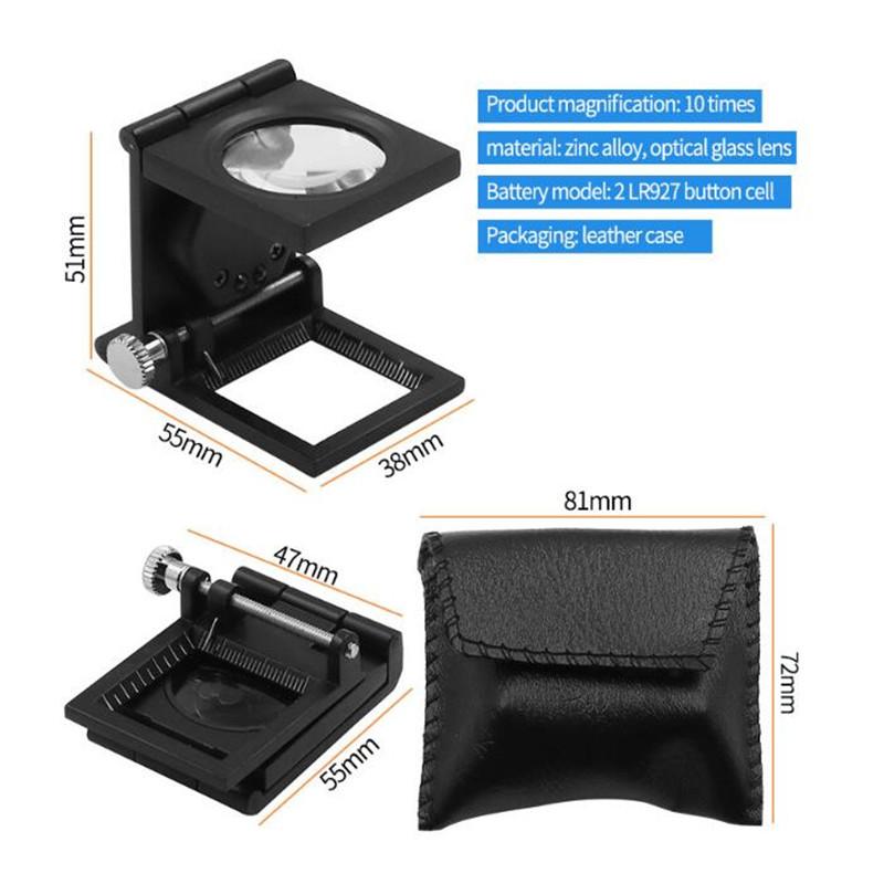 10X Folding Linen Tester Mini Pocket Metal Magnifier with Light and Scale Wiring Counter Magnifier