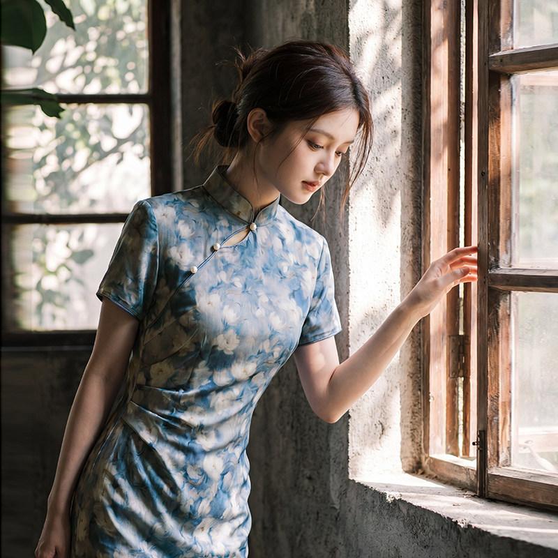 Blue Short-sleeved National Style New Chinese Daily Suzhou Long Cheongsam Improved Young 1011 New Women's High Sense