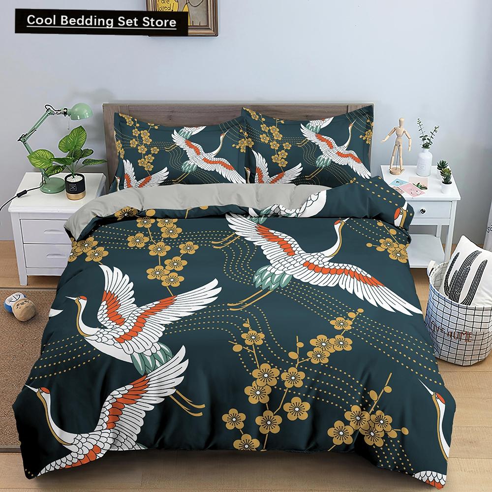 Kranich Gedrucktes Bettwäscheset 3D Rote Japanische Kirschblüten Bettbezug King Queen Größe Floral Wolke 2/3tlg. Polyester Steppdeckenbezug