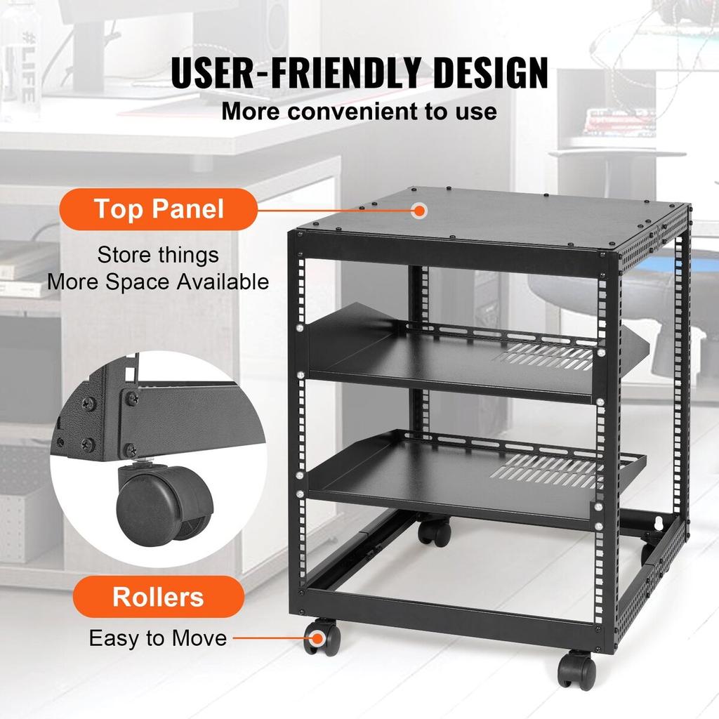 12U Open-Frame Server-Rack, 15''-40'' Verstellbare Tiefe, Freistehendes oder Wandmontage-Netzwerk-Server-Rack, 4-Pfosten AV-Rack mit Rollen, Bietet Platz für All Ihre