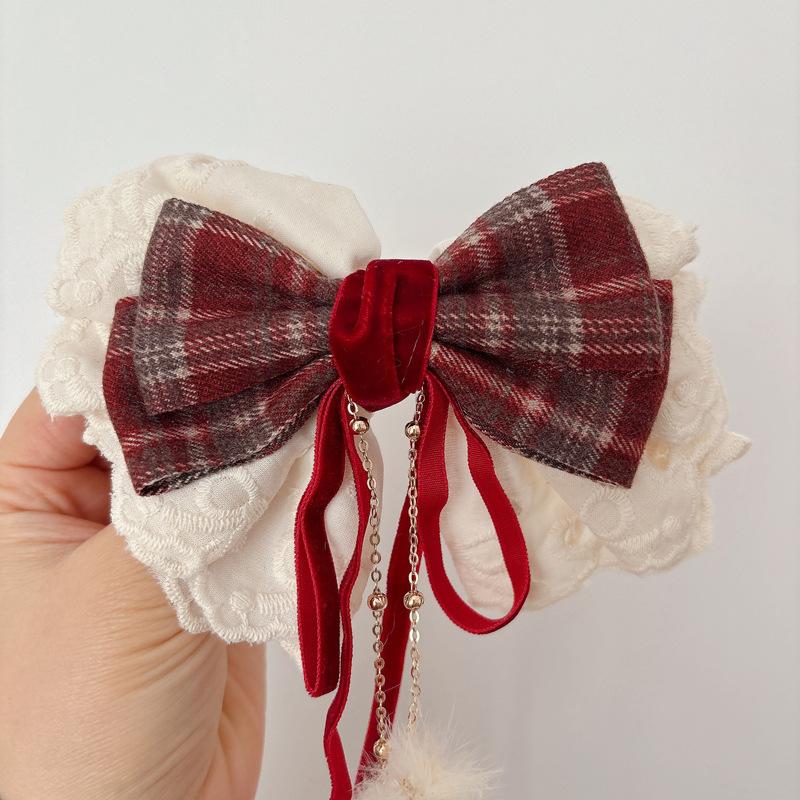 Lace Bowknot Hair Clips For Girls Sweet Versatile Stylish Year Ponytail Hairpin Red Velvet Korean Kids Princess Headwear
