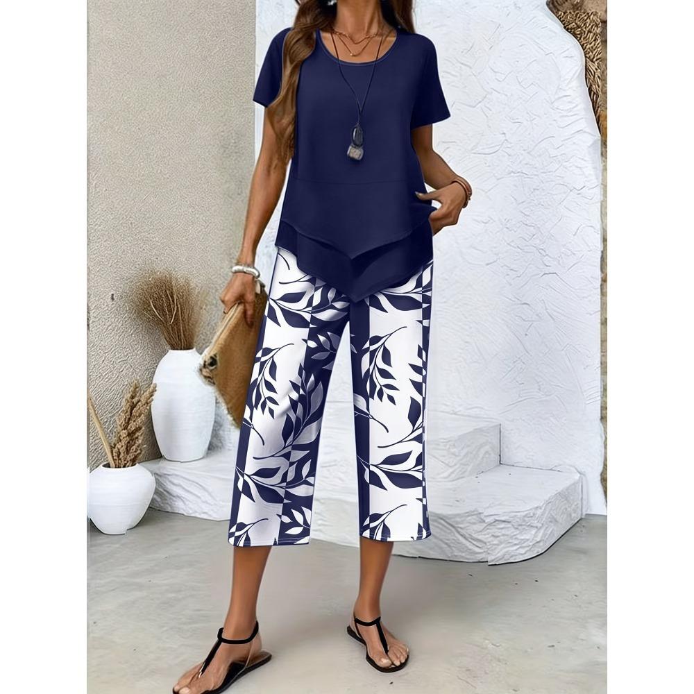 Women Summer Fashion Two Piece Set, Stylish Slimming Short Sleeve Top, High Waist Wide Leg Pants, Elegant Casual Matching Outfit
