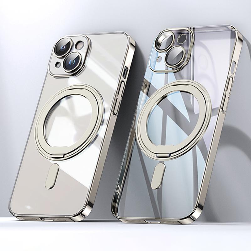 

For iPhone 15 Plus Magnetic Case Ring Kickstand PC+TPU Clear Back Phone Cover Titanium Gold