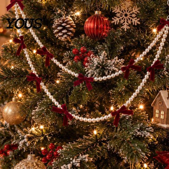 Seasonal Home Accents Christmas Velvet Bow Faux Pearl Garland, 2 Layers Beads Festive Party Hanging Ornaments String Strand for Tree, Wreath,