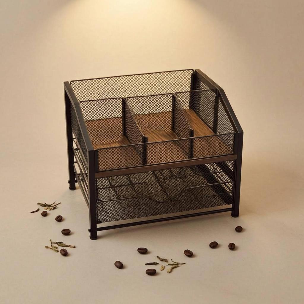 Three-Tier Mesh Rack Wood-Tone Coffee Condiment Organizer Compact