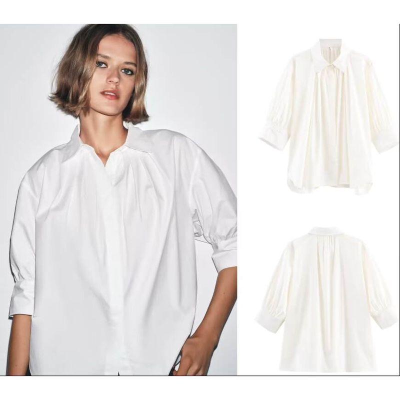 Zbzr Autumn New Women Clothes Western Style Versitile Fashion Solid Fluffy Sleeve Pleated Shirts