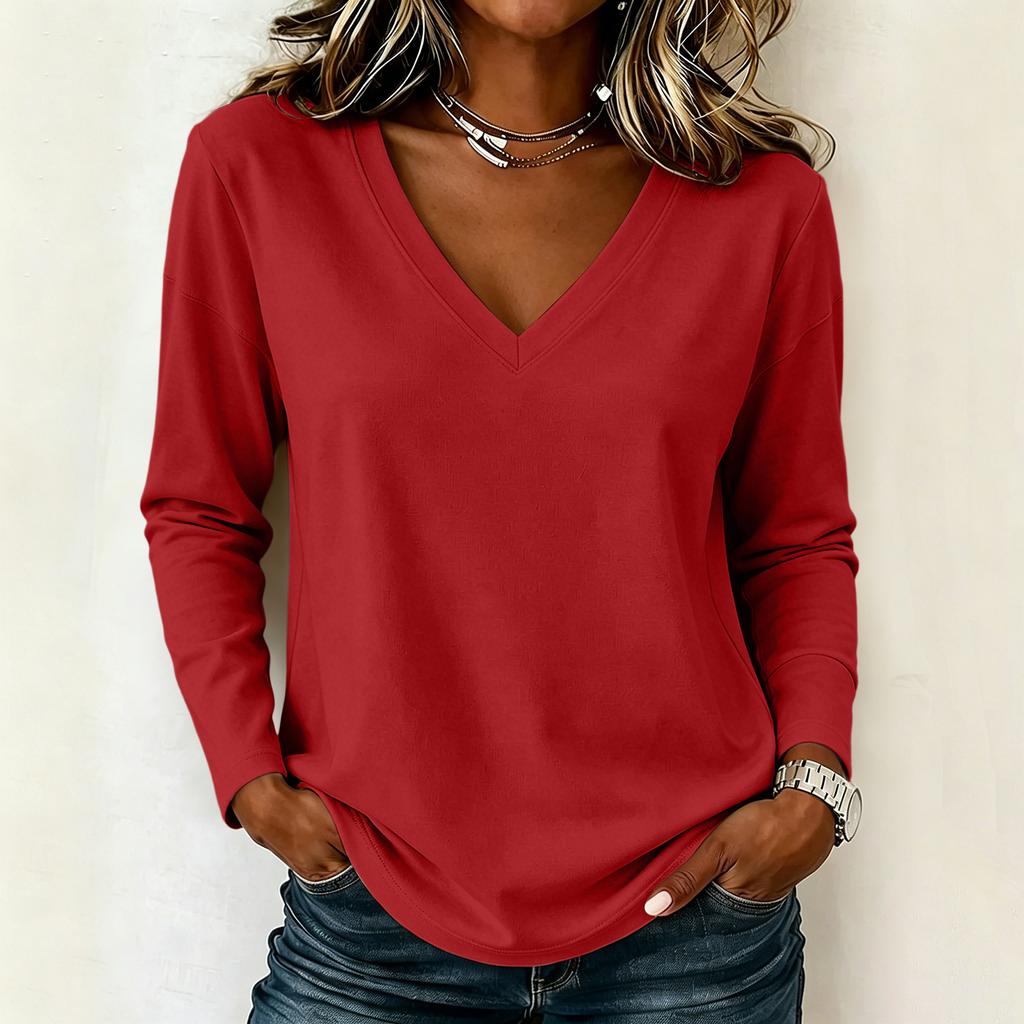 Damen Langarm Lockerer V-Ausschnitt Lässiger Pullover Top Leichter Weicher Dehnbarer Stoff Bequeme Alltagskleidung