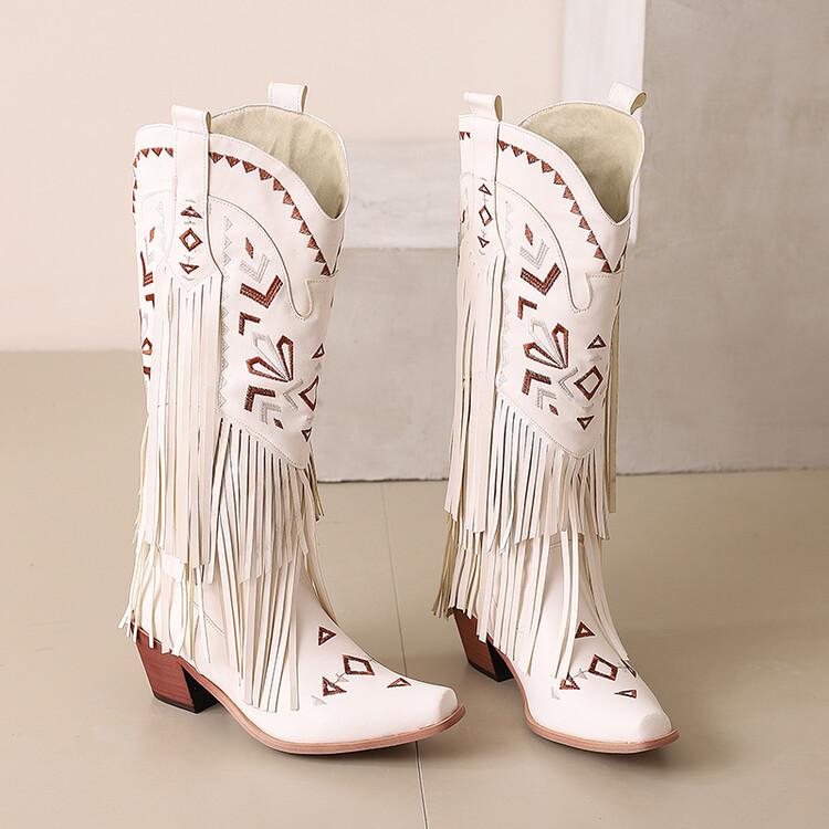 Fashion New Autumn Winter Women Boot Fashion Embroidered Western Denim Boots for Women Chunky Heel Tassels Mid-calf Boots Ladies Shoes