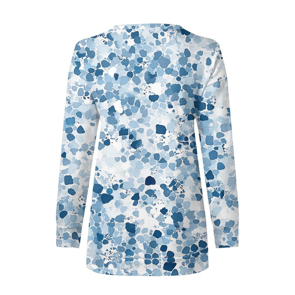 Damen Rundhals-Oberteile, Baumwolle, Damen, lässig, modisch, bedruckt, langärmelig, O-Ausschnitt, Pullover, Oberteil, Bluse