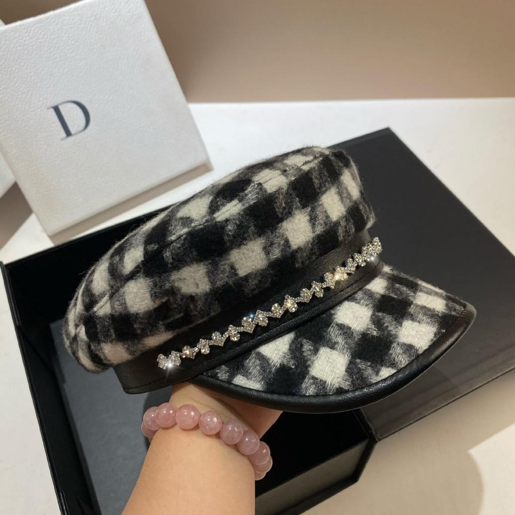 Autumn and Winter Light Luxury Celebrity Wind Rhinestone Navy Hat, European and American Small Fragrant Style Plaid Newsboy Hat Fashionable and Sweet