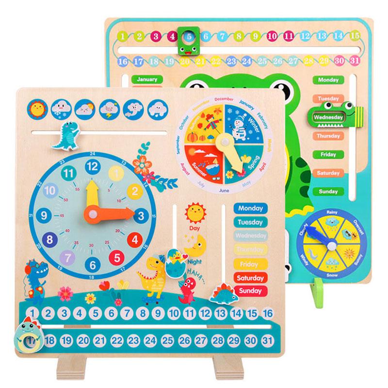 Kinder Dinosaurier Holz Kalender Uhr Lernspielzeug Montessori Pädagogisches Lernen Zeit Wetter Woche Kognitives Gemeinde Spielzeug