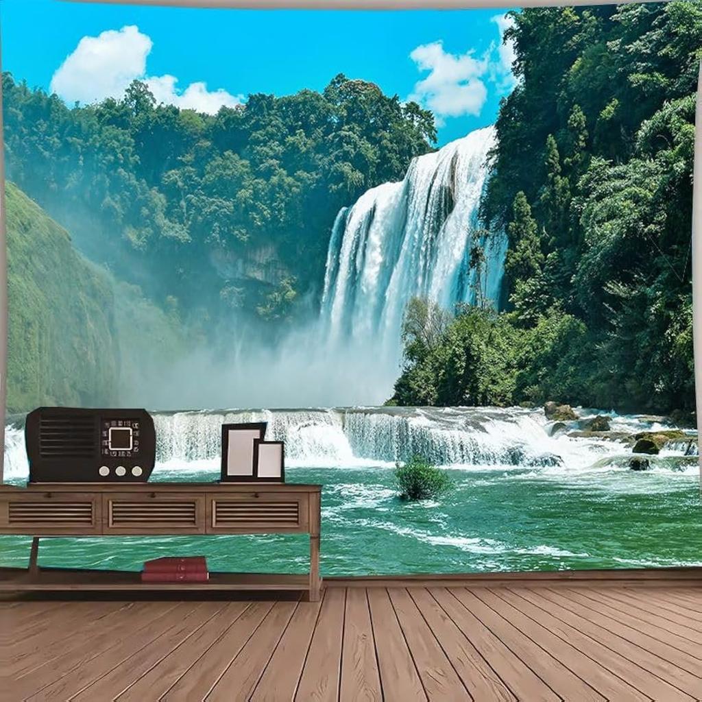 Waterfall Tapestry Backdrop Forest Landscape Tapestry Wall Hanging Lake River Natural Scenery Background Living Room Dorm Decor