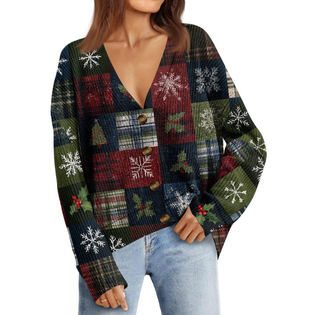 Dámský módní kardigan s dlouhým rukávem, vánočním potiskem, výstřihem do V a knoflíky, volný top