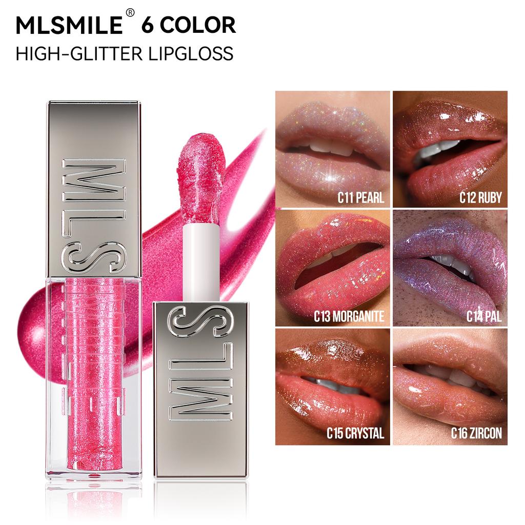 Brillo de Labios Explosivo Cabezal de Cepillo Grande Espejo Nacarado Brillo de Labios 6 Colores Hidratante Brillo Fino Lápiz Labial Líquido