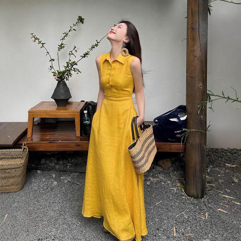 

Plus Size Yellow Sleeveless Dress for Women - Summer Vacation Elegant Style Extra Large жёлтый