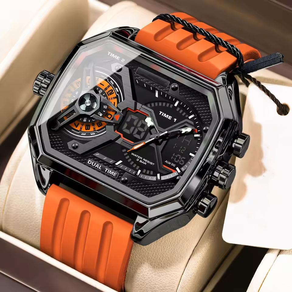 Men Clock LED Calendar Week Luminous Wristwatch Electronic Rectangle Silicone Strap Quartz Watch