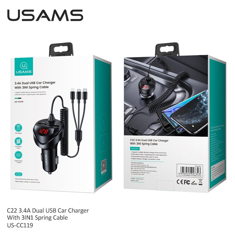 USAMS 3.4A LED Digital Display Car Charger With 3 In 1 Cable Dual USB Phone Charger For iPhone iPad Xiaomi Huawei Samsung Tablet