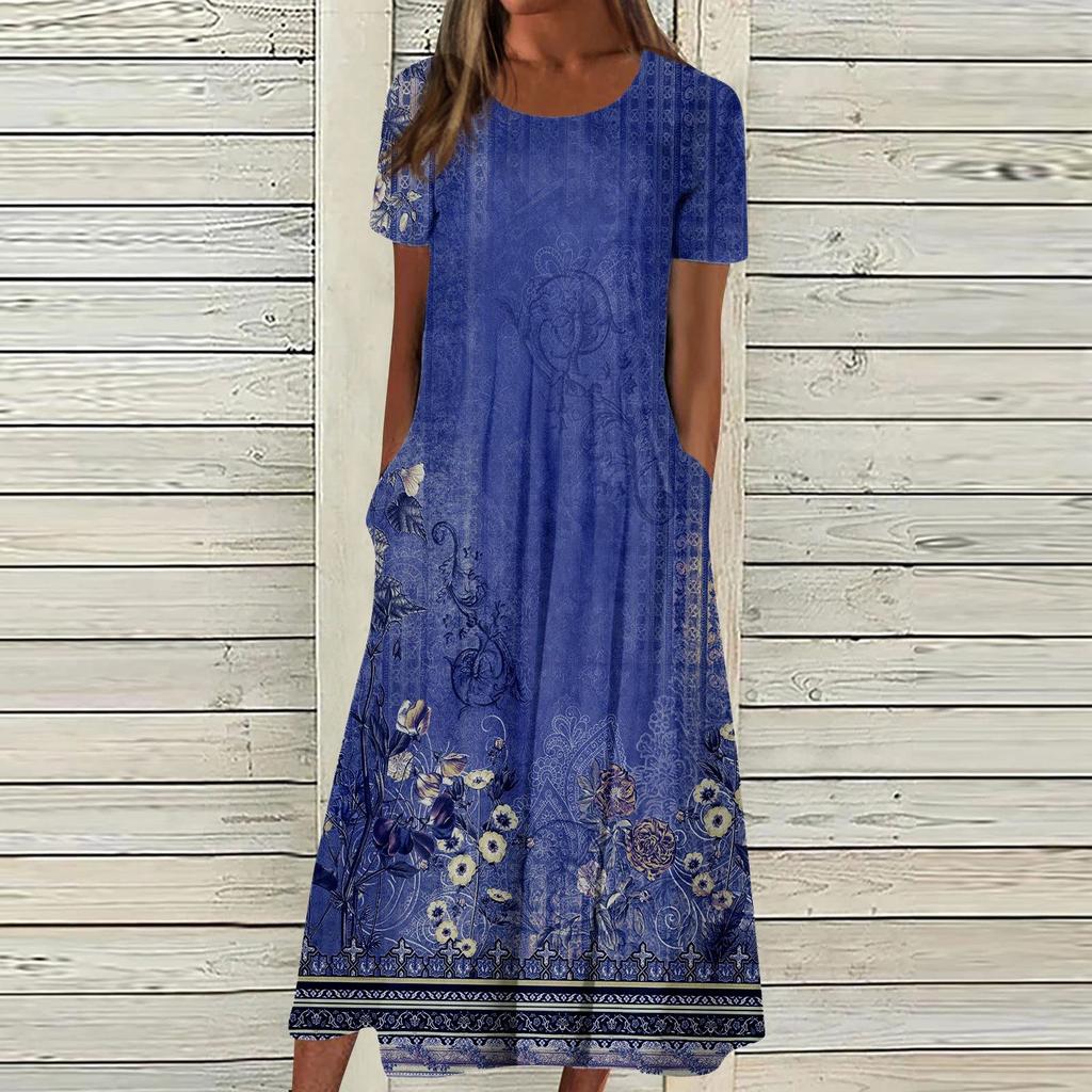 Women's Summer Casual Fashion Printed Short Sleeve Round Neck Pocket Dress