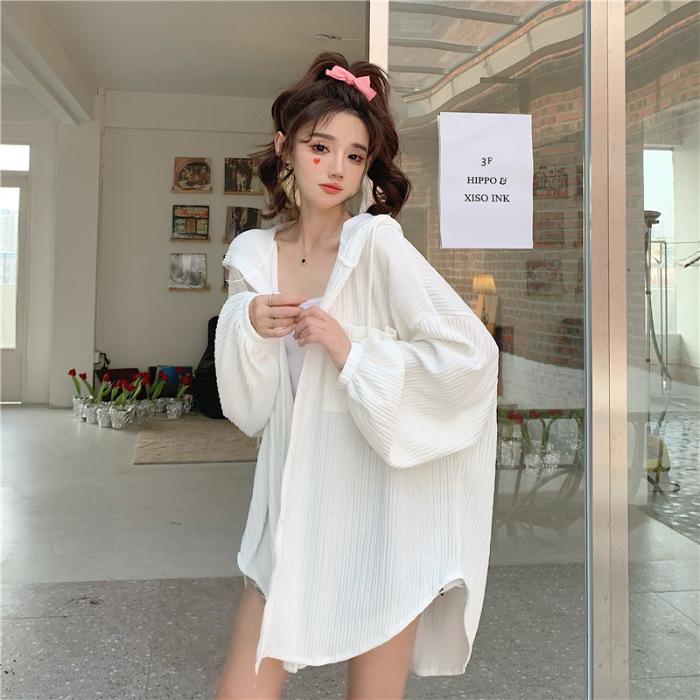 Women's White Hooded Sun Protection Cardigan - Summer 2025, Versatile Long-Sleeve, Mid-Length Loose Thin Jacket