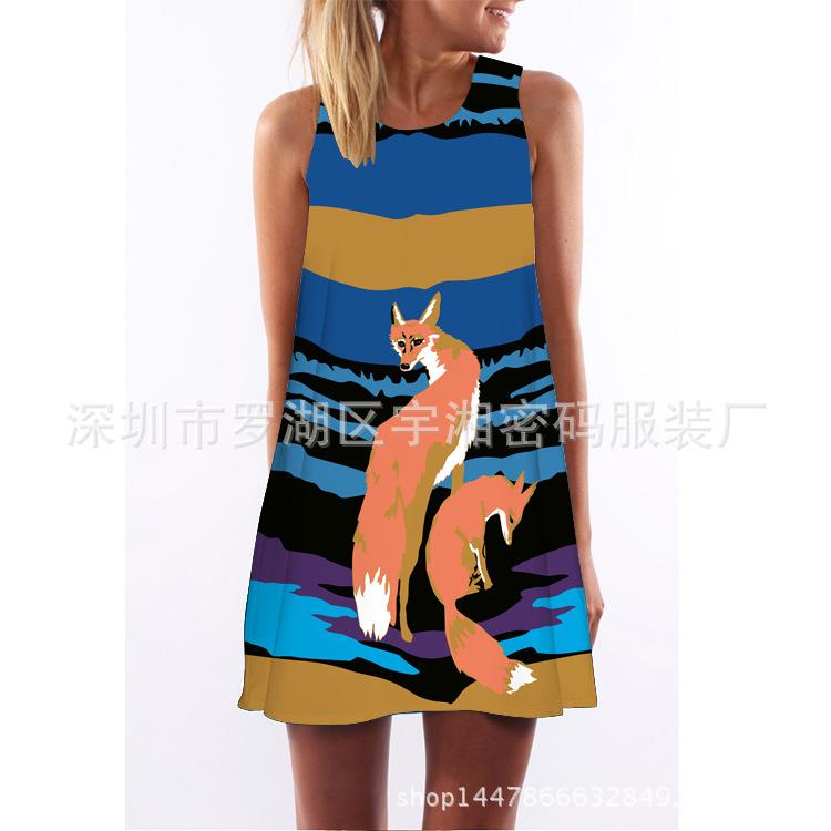 Spring and summer women s new medium and long suspender dress fox digital printing loose off-the-shoulder dress women S