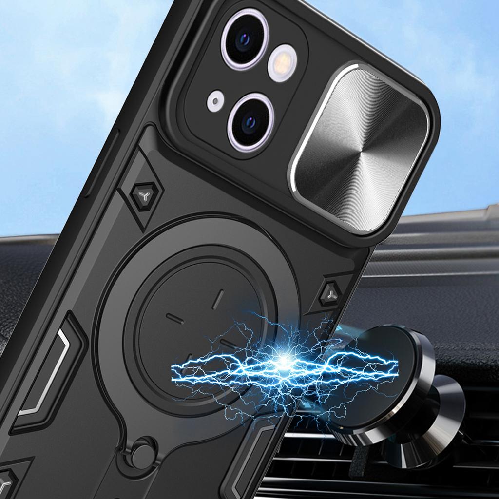 Dla iPhone 14 Przesuwana Osłona Aparatu Tylna Pokrywa PC+TPU Etui na Telefon z Obrotową Podpórką