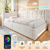 Letto imbottito 90x200 cm con contenitore, illuminazione a LED sulla testiera e sulla pediera, USB e Type-C, box letto idraulico, rete a doghe, letto singolo, beige