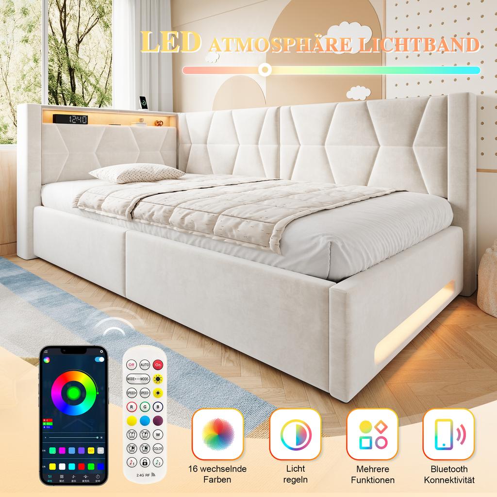 Letto imbottito 90x200 cm con contenitore, illuminazione a LED sulla testiera e sulla pediera, USB e Type-C, box letto idraulico, rete a doghe, letto singolo, beige