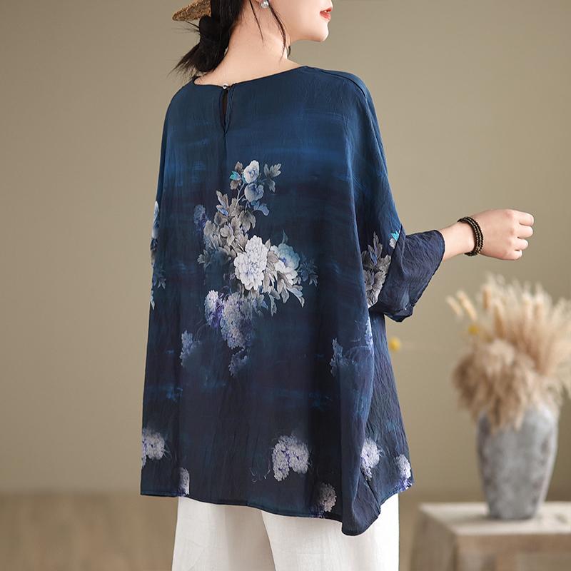 DIMANAF 2024 Sommer Plus Größe Frauen T-Shirts Drucken Floral Elegante Batwing Sleeve Tops Tees Lose Beiläufige Leinen Hemd 91685