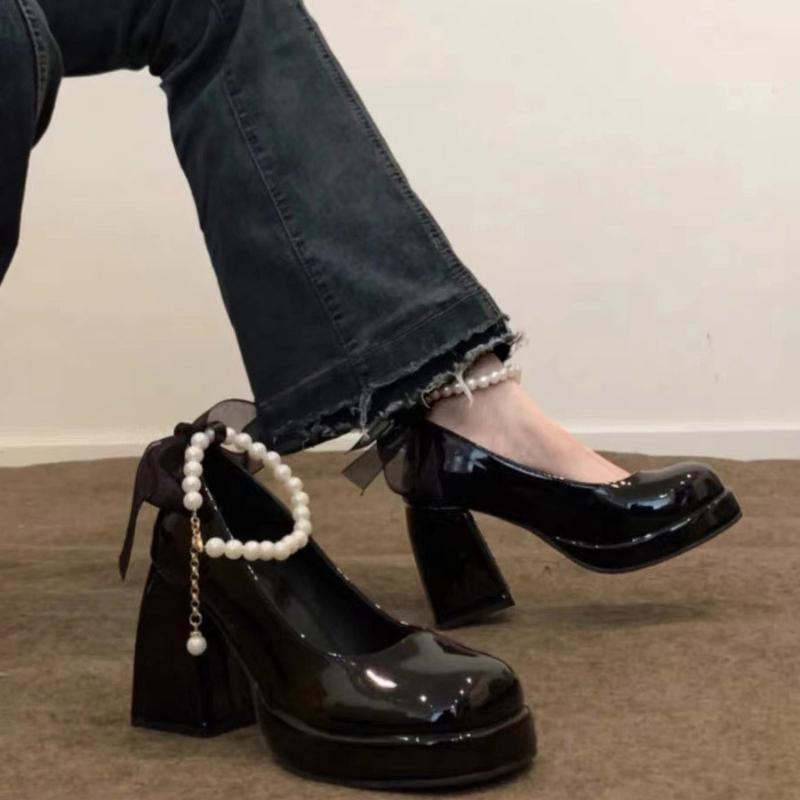 Mary Jane Bowknot Margarite Princess Shoes Thick Heel 2024 New Fashion Casual Simple All-match Solid Color High Heels Autumntime
