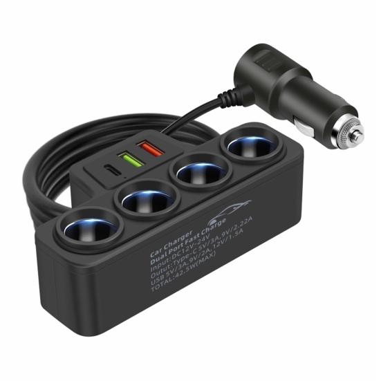 Car Charger 3 USB Ports QC3.0 And PD 3.1A 120W 4-Socket Built-in Safety Wire Fast