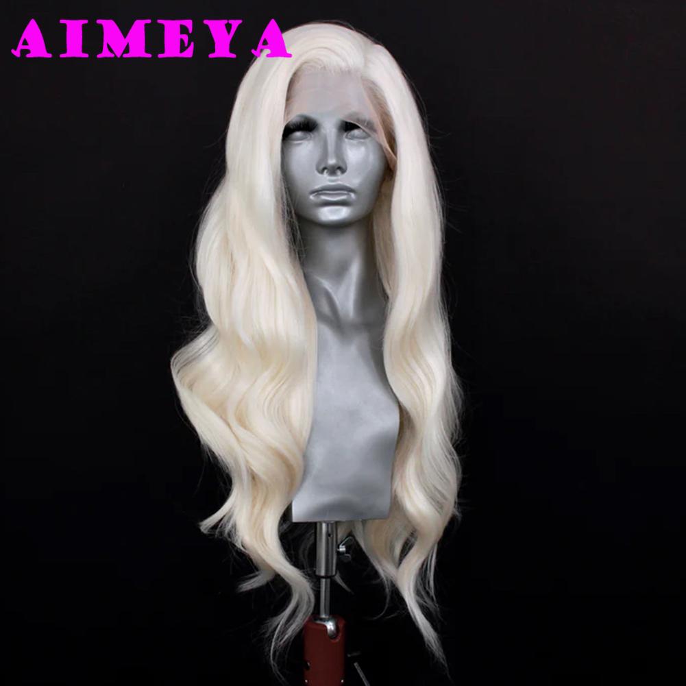 AIMEYA Platinum Lace Wig 13x4 Natural Hairline Blonde Synthetic Lace Front Wig for Women Long Natural Wave Daily Use Cosplay Wig