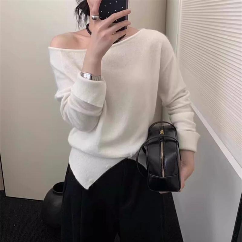 Elegant Loose Slanted Shoulder Knitted Pullover Striped Sweater Casual Gentle Autumn Women Fashion Long Sleeve Tops Loose Casual Office Thin Clothing