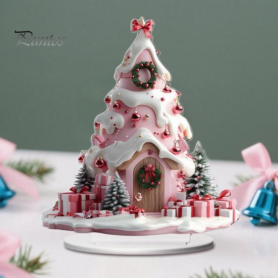 Sturdy Seasonal Shelf Decorations Winter Christmas Tree Cottage Table Decoration, Double Sided Acrylic Xmas Cabin Ornament Indoor Atmosphere