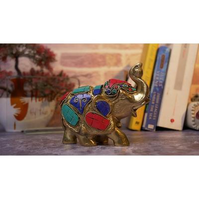 Maharaja Elephant Gemstone Brass Showpiece - 4 Inches New