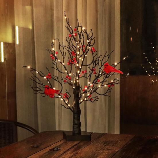 LED Vintage Glowing Tree with Cardinals Battery Operated Twinkle Trees Lamp with Lighted Branches Festive Holiday Party Lighting Halloween Christmas