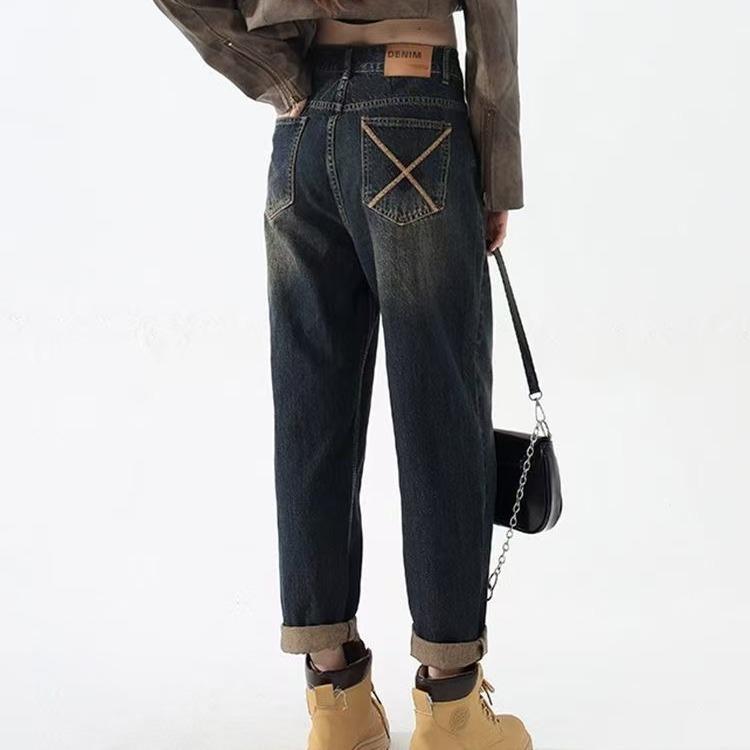 

Women s Plus Size Stretchy Harem Jeans - High Waist Slimming Straight Leg Carrot Pants for Spring & Autumn 2025 M синій
