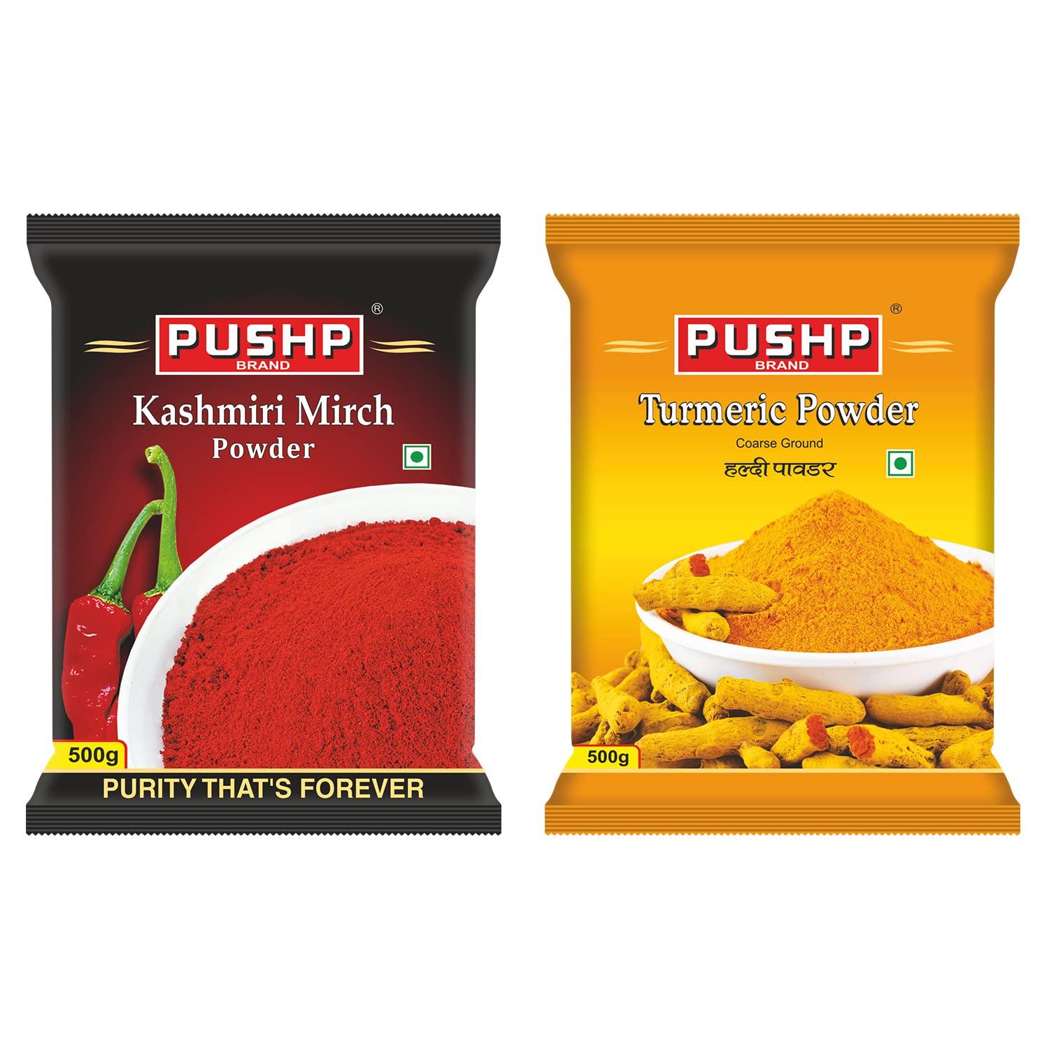 Pushp Brand Premium Combo Pack 500g Total Natural Kashmiri Red Chilli Powder And Turmeric Powder For Daily Kitchen Use