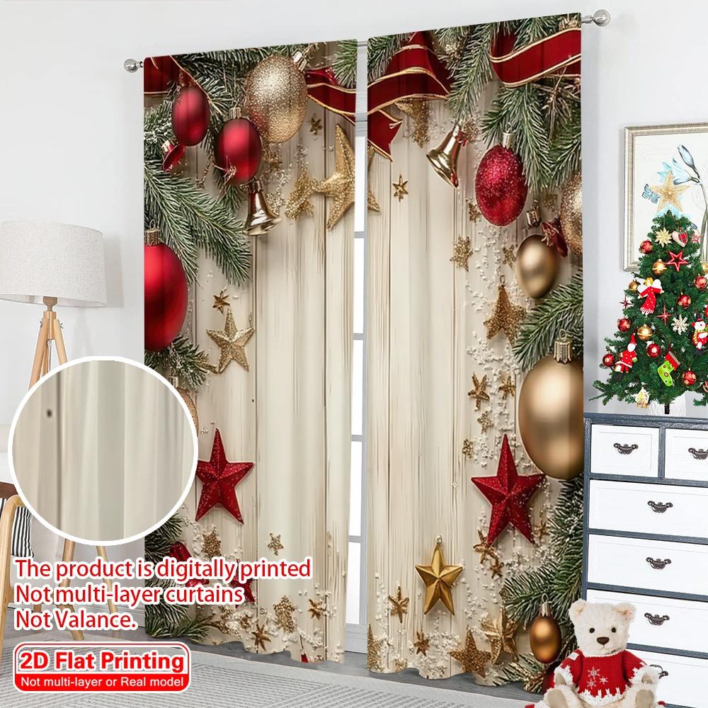 2D Flat Printing 2pcs Merry Christmas Curtains Stars and Pine Branches Versatile Fabric Without Electricity Family Party Perfect