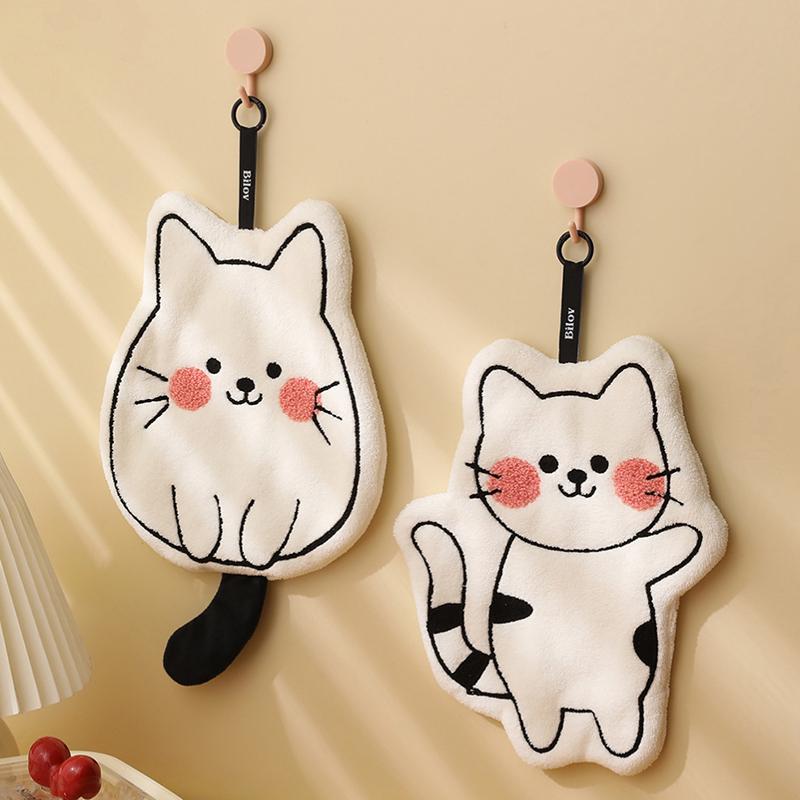 1Pcs Cute Cat Coral Fleece Hanging Towel Kitchen Hand Towel Bathroom Soft Absorbent Handkerchief Wipe Towel Cartoon Kids Towels