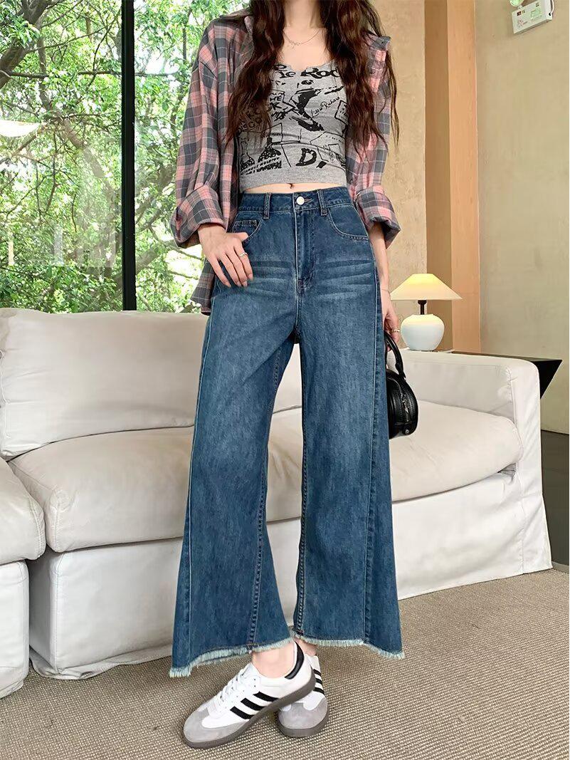 

Женские джинсы с высокой талией и широкими штанинами - Новинка 2025, вываренные, повседневные, прямого кроя с необработанным краем S темно-синий