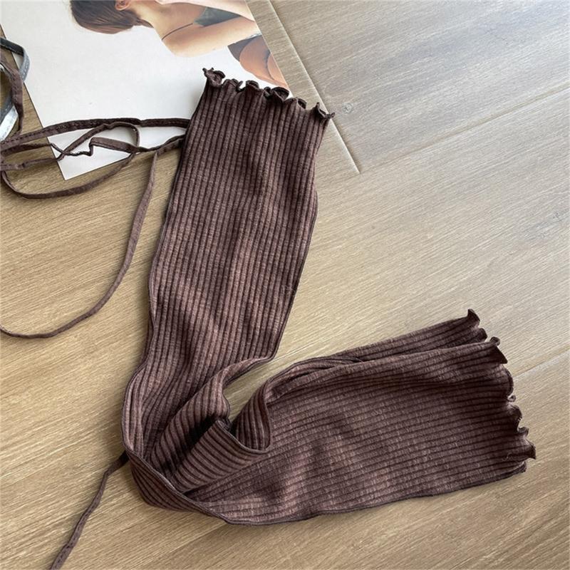 Japanese Ribbed Thigh High Leg Warmers Lace Up Bandages Over Knee Flared Leg Covers Ruffle Trim Footless Socks for Women