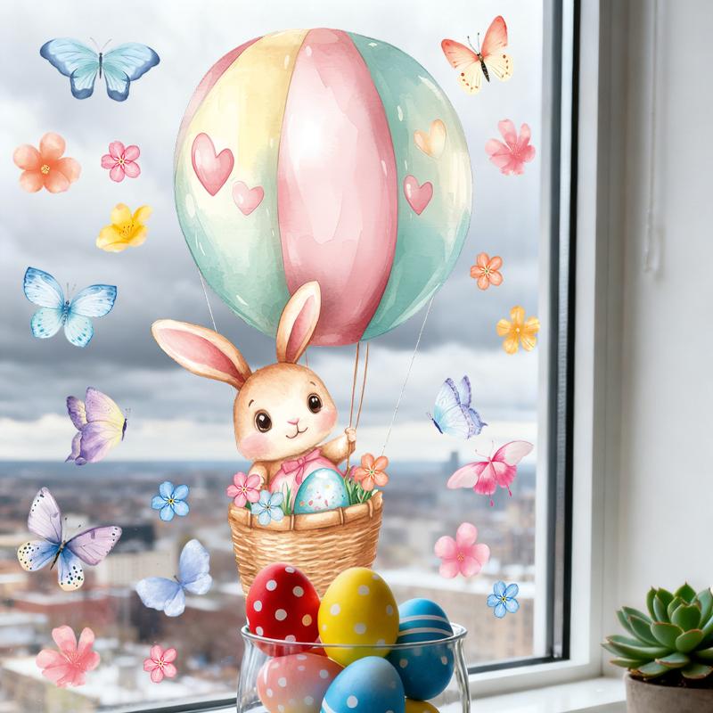1 Sheet Cute Rabbit Colorful Egg Stickers Easter Electrostatic Patch Glass Window Decals Children'S Room Decoration