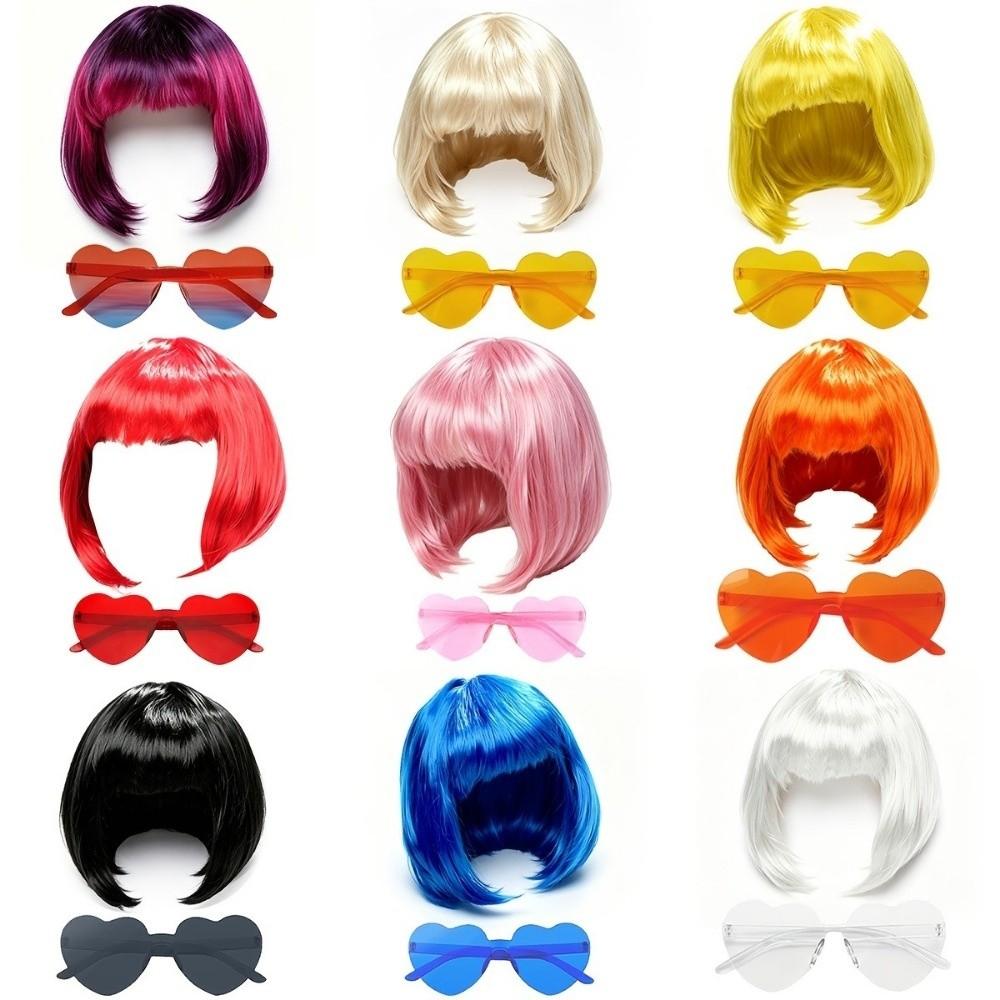 3Pcs Halloween Cosplay Wig Set Colorful Short Bangs Y2K Role-playing Short Hair Wig Halloween