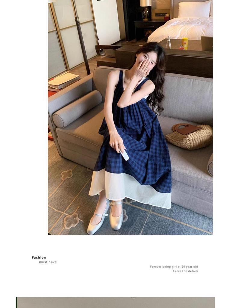 French Blue Plaid Sleeveless Summer Dress - Retro Forest Style Camisole