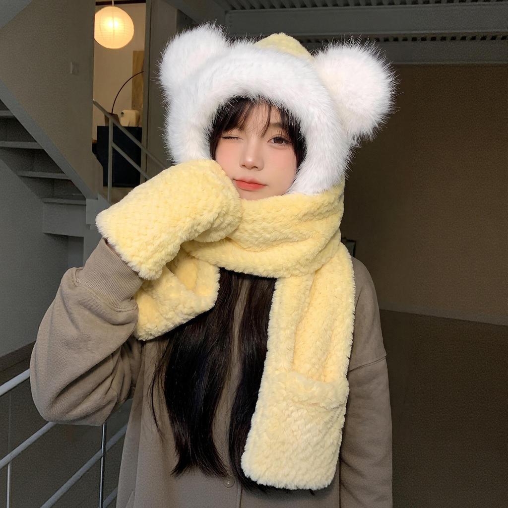 Winter New Plush Hat Bear Ears Thickened Scarf Gloves Integrated Three-piece Set Women's Cycling Thermal Hat