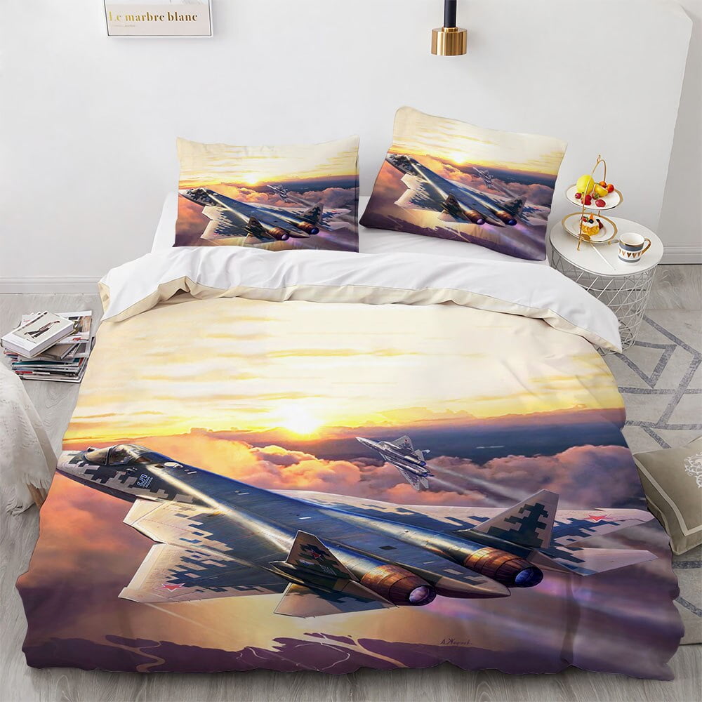 Fighter Plane Duvet Cover Military Aircraft Theme For Children Boys Men Gifts Sunset Airplane Airstrip Bedroom Decoration Warm