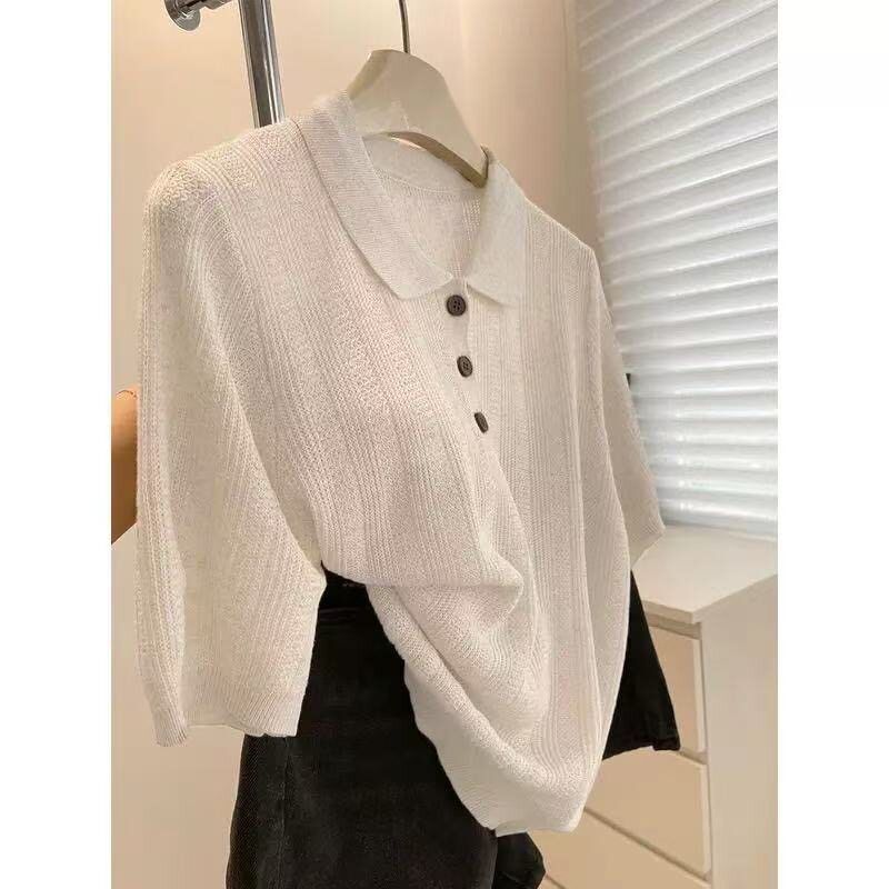 

French Rixo Rane Ice Silk Knitted Short Sleeve T-Shirt Women s Elegant Commuting Figure Flattering Shoulder Casual Polo Shirt Tops White S